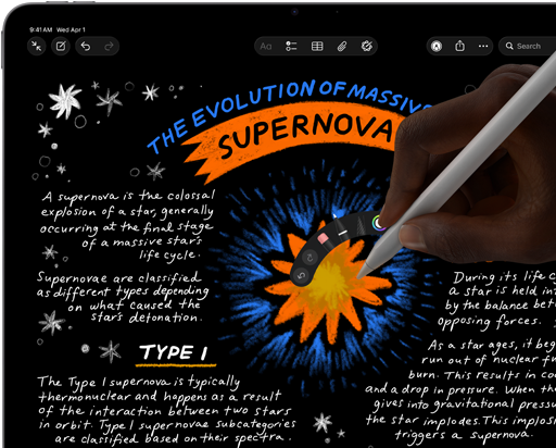 iPad Air displaying handwritten notes and drawings in the Notes app, hand using Apple Pencil Pro to draw